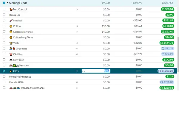 Screenshot of our sinking funds budget in YNAB for gifts