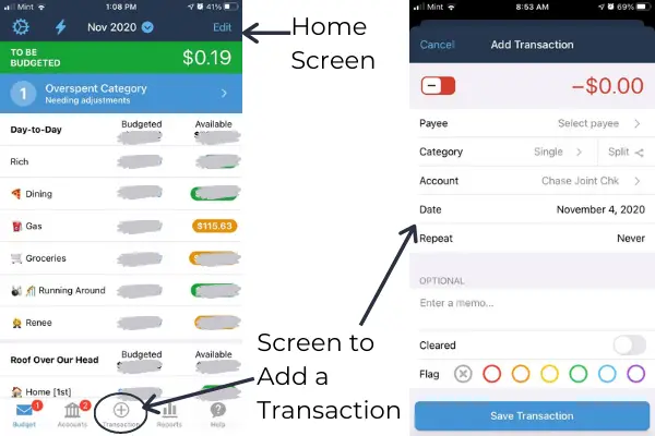 YNAB App home screen & add a transaction screen