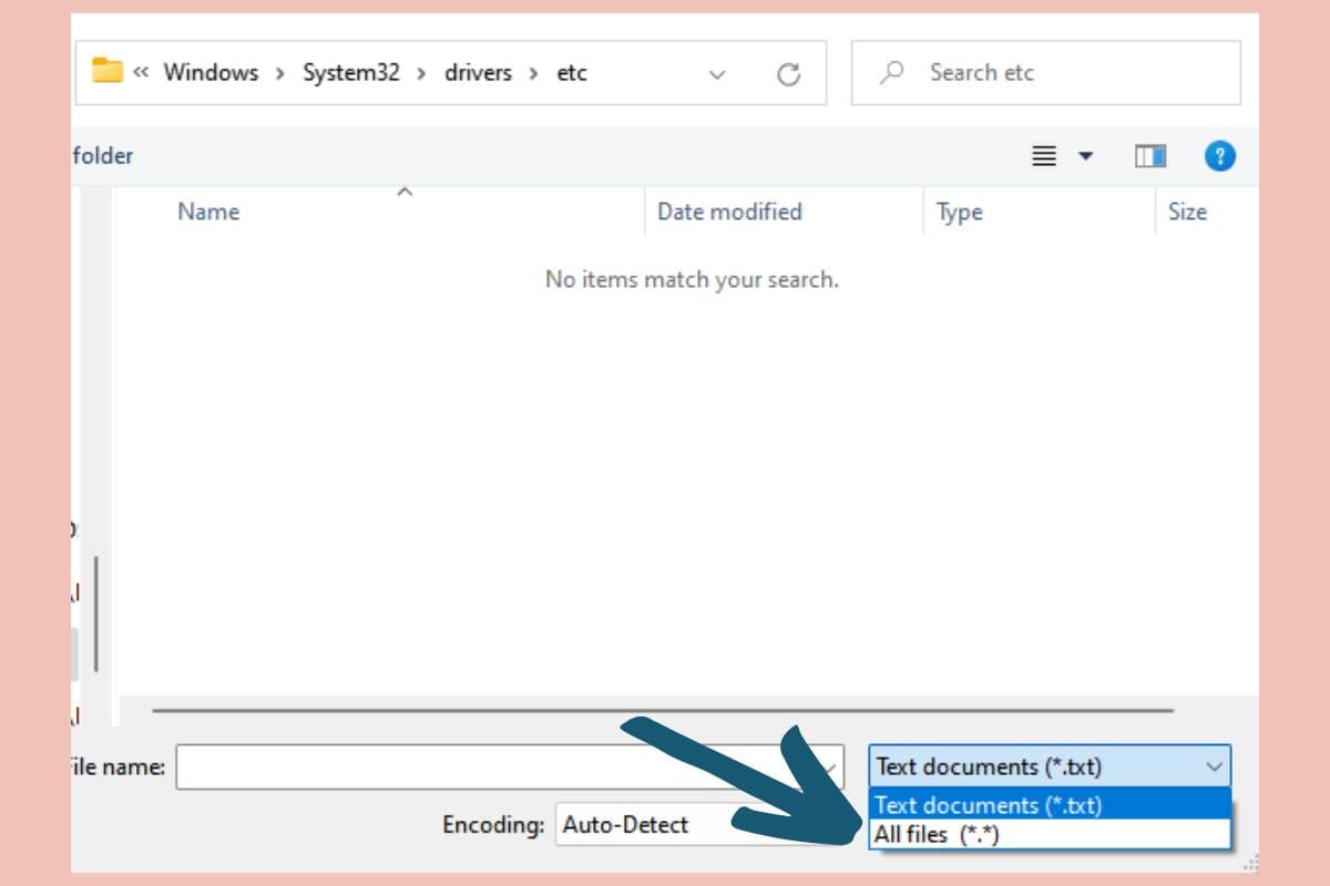 Showing the Text documents and All files listed in the dropdown for file names.